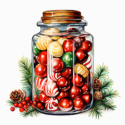 JPG 잎 크리스마스 일러스트 유리병 사탕 사람없음 디지털합성 담기 솔방울 국내일러스트 AI일러스트 AI콘텐츠 식물 기념일 모션 병_용기 디저트 파일형식