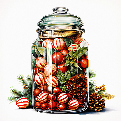 JPG 잎 크리스마스 일러스트 유리병 사탕 사람없음 디지털합성 담기 솔방울 국내일러스트 AI일러스트 AI콘텐츠 식물 기념일 모션 병_용기 디저트 파일형식