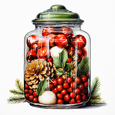 JPG 잎 크리스마스 일러스트 유리병 사탕 사람없음 디지털합성 담기 솔방울 국내일러스트 AI일러스트 AI콘텐츠 식물 기념일 모션 병_용기 디저트 파일형식
