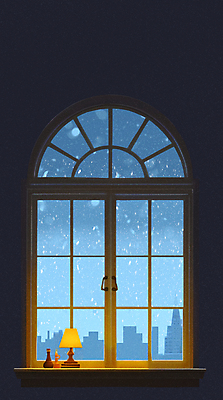 JPG 겨울 일러스트 창문 하늘 사람없음 램프 눈 도시 눈내림 카피스페이스 국내일러스트 AI일러스트 AI콘텐츠 자연요소 계절 날씨 조명 눈_날씨 공백 파일형식