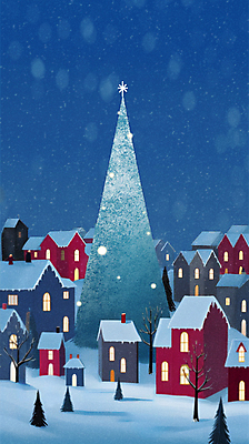 JPG 나무 겨울 일러스트 하늘 주택 사람없음 파란색 크리스마스트리 마을 눈 야간 카피스페이스 눈덮임 국내일러스트 AI일러스트 AI콘텐츠 자연요소 식물 계절 컬러 컨셉 크리스마스 날씨 건물 공백 파일형식