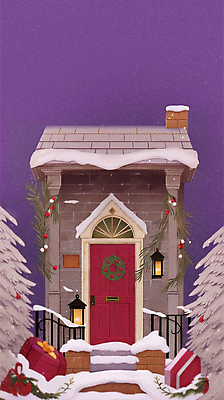 JPG 나무 크리스마스 겨울 일러스트 사람없음 선물상자 문 보라색 눈 벽돌집 카피스페이스 눈덮임 국내일러스트 AI일러스트 AI콘텐츠 자연요소 식물 계절 기념일 컬러 컨셉 날씨 주택 선물 상자 공백 파일형식