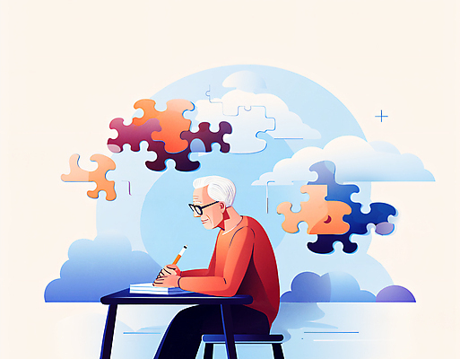 JPG 구름 할아버지 노년 남자 의자 일러스트 한명 앉기 상반신 치료 연필 기록 집중 복지 책상 퍼즐조각 극복 치매 노인남자한명만 안경낌 치매예방 국내일러스트 AI일러스트 AI콘텐츠 자연요소 1 안경 조각 가구 컨셉 의학 모션 학용품 사람 성인 필기구 퍼즐 질병 사회이슈 예방 남자한명만 노인남자만 파일형식