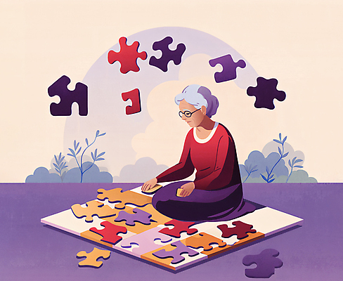 JPG 전신 여자 노년 할머니 일러스트 한명 앉기 치료 건강관리 보라색 집중 복지 퍼즐조각 극복 맞추기 치매 노인여자한명만 안경낌 치매예방 국내일러스트 AI일러스트 AI콘텐츠 1 안경 컬러 조각 컨셉 의학 모션 건강 관리 사람 성인 퍼즐 질병 사회이슈 예방 여자한명만 노인여자만 파일형식