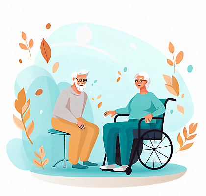 JPG 전신 여자 할아버지 노년 남자 행복 할머니 하늘색 잎 의자 일러스트 커뮤니케이션 대화 웃음 앉기 두명 치료 건강관리 복지 즐거움 휠체어 극복 소통 치매 노인만 치매예방 국내일러스트 AI일러스트 AI콘텐츠 식물 감정 가구 컨셉 의학 모션 표정 건강 관리 말하기 사람 성인 파란색 질병 사회이슈 예방 성인만 파일형식