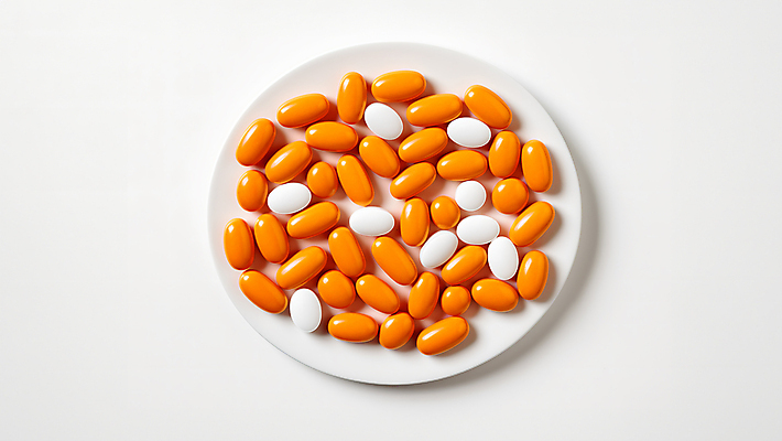 JPG 편집이미지 접시 병원 사람없음 알약 약 주황색 흰색 편집실사 AI포토 AI콘텐츠 식기 컬러 의학 CG 파일형식