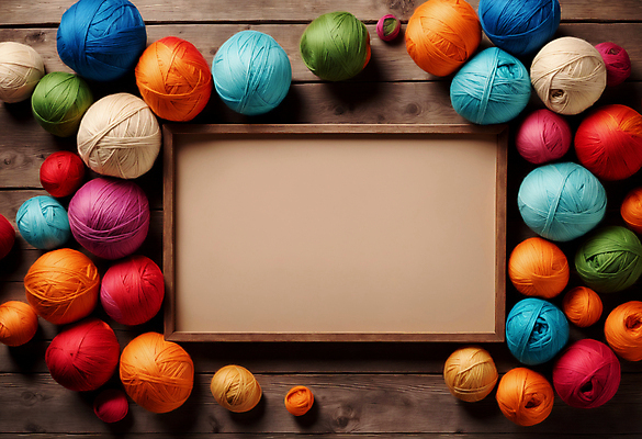 JPG 편집이미지 액자 사람없음 컬러풀 뜨개질 털실 공예 오브젝트 실타래 나무탁자 카피스페이스 편집실사 AI포토 AI콘텐츠 컬러 탁자 취미 공백 실 CG 파일형식