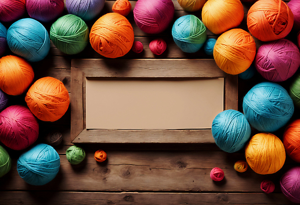 JPG 편집이미지 종이 액자 사람없음 컬러풀 뜨개질 털실 공예 오브젝트 실타래 나무탁자 카피스페이스 편집실사 AI포토 AI콘텐츠 컬러 탁자 취미 공백 실 CG 파일형식