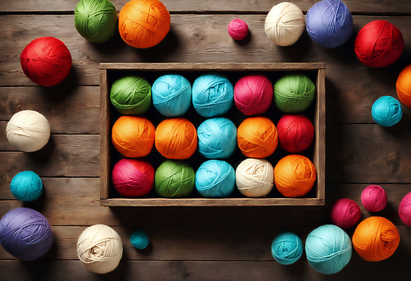 JPG 편집이미지 사람없음 상자 컬러풀 뜨개질 털실 공예 오브젝트 실타래 나무탁자 카피스페이스 편집실사 AI포토 AI콘텐츠 컬러 탁자 취미 공백 실 CG 파일형식