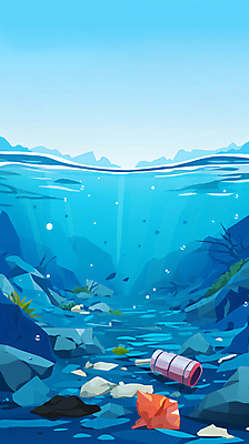 JPG 바다 일러스트 통 사람없음 파란색 환경 바닷속 거품 돌_바위 해초 캔 폐기물 플라스틱 비닐 폐수 해양오염 해양쓰레기 국내일러스트 AI일러스트 AI콘텐츠 컬러 재질 수중 해조류 환경오염 쓰레기 파일형식