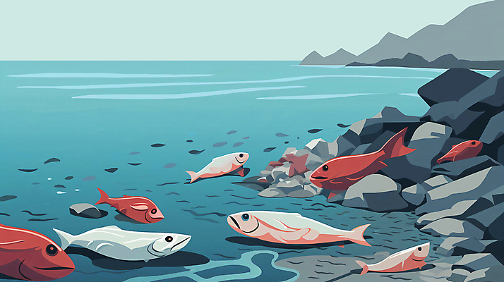 JPG 바다 일러스트 어류 사람없음 환경 바위 폐사 폐수 해양오염 국내일러스트 AI일러스트 AI콘텐츠 수중동물 돌_바위 환경오염 사회이슈 파일형식