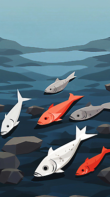 JPG 바다 일러스트 어류 사람없음 환경 돌_바위 웅덩이 폐사 폐수 해양오염 국내일러스트 AI일러스트 AI콘텐츠 수중동물 환경오염 사회이슈 파일형식