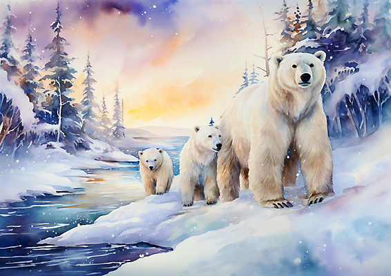 JPG 나무 구름 새끼 겨울 일러스트 하늘 수채화 세마리 사람없음 컬러풀 북극 북극곰 빙하 국내일러스트 AI일러스트 AI콘텐츠 자연요소 식물 동물 계절 컬러 곰 3 극지방 파일형식