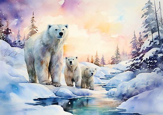 JPG 나무 구름 새끼 겨울 일러스트 하늘 수채화 세마리 사람없음 컬러풀 북극 북극곰 빙하 국내일러스트 AI일러스트 AI콘텐츠 자연요소 식물 동물 계절 컬러 곰 3 극지방 파일형식