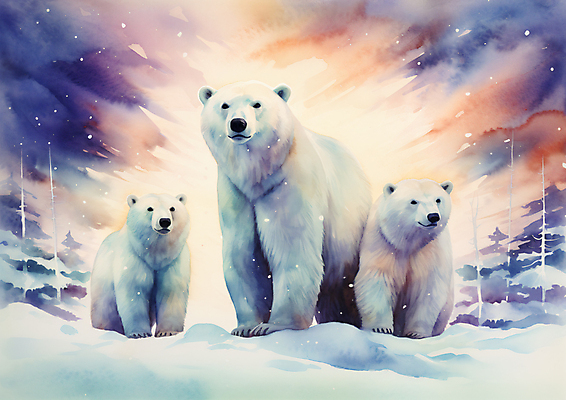 JPG 나무 겨울 일러스트 하늘 수채화 세마리 사람없음 컬러풀 북극 북극곰 빙하 국내일러스트 AI일러스트 AI콘텐츠 식물 계절 컬러 곰 3 극지방 파일형식