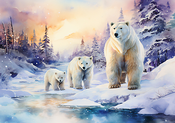 JPG 나무 구름 새끼 겨울 일러스트 하늘 수채화 세마리 사람없음 컬러풀 북극 북극곰 빙하 국내일러스트 AI일러스트 AI콘텐츠 자연요소 식물 동물 계절 컬러 곰 3 극지방 파일형식