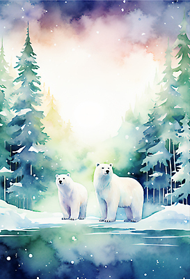 JPG 나무 구름 두마리 겨울 일러스트 하늘 수채화 사람없음 컬러풀 북극 북극곰 빙하 국내일러스트 AI일러스트 AI콘텐츠 자연요소 식물 계절 컬러 2 곰 극지방 파일형식