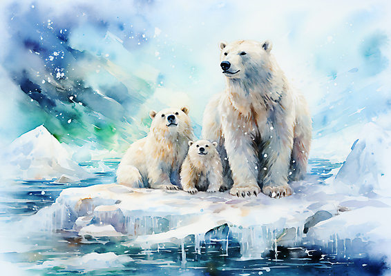JPG 새끼 겨울 일러스트 하늘 수채화 세마리 사람없음 북극 북극곰 빙하 국내일러스트 AI일러스트 AI콘텐츠 동물 계절 곰 3 극지방 파일형식