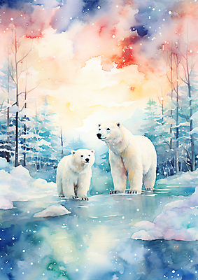 JPG 나무 구름 두마리 겨울 일러스트 하늘 수채화 사람없음 컬러풀 북극 북극곰 빙하 국내일러스트 AI일러스트 AI콘텐츠 자연요소 식물 계절 컬러 2 곰 극지방 파일형식