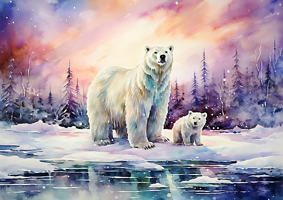 JPG 나무 구름 새끼 두마리 겨울 일러스트 하늘 수채화 사람없음 컬러풀 북극 북극곰 빙하 국내일러스트 AI일러스트 AI콘텐츠 자연요소 식물 동물 계절 컬러 2 곰 극지방 파일형식