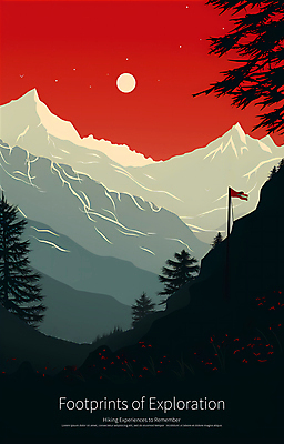 PSD 편집이미지 디자인 포스터 자연 하늘 산 풍경 사람없음 빨간색 검은색 하이킹 달 깃발 디지털합성 이미지편집 자연요소 컬러 레저 생태계 파일형식