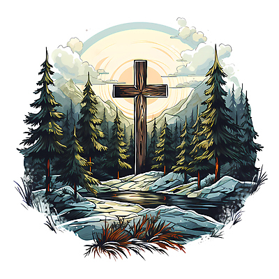 JPG 나무 구름 기독교 십자가 일러스트 사람없음 국내일러스트 AI일러스트 AI콘텐츠 자연요소 식물 종교 파일형식