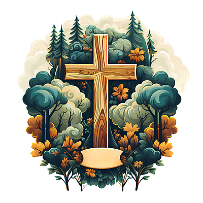 JPG 나무 꽃 리본 기독교 십자가 일러스트 사람없음 카피스페이스 국내일러스트 AI일러스트 AI콘텐츠 식물 종교 공백 파일형식