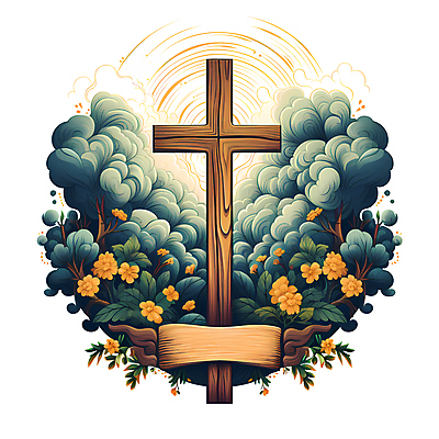JPG 나무 꽃 리본 기독교 십자가 일러스트 사람없음 카피스페이스 국내일러스트 AI일러스트 AI콘텐츠 식물 종교 공백 파일형식