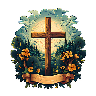 JPG 나무 구름 꽃 리본 기독교 십자가 일러스트 사람없음 카피스페이스 국내일러스트 AI일러스트 AI콘텐츠 자연요소 식물 종교 공백 파일형식