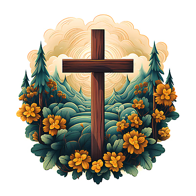 JPG 나무 구름 꽃 기독교 십자가 일러스트 사람없음 국내일러스트 AI일러스트 AI콘텐츠 자연요소 식물 종교 파일형식