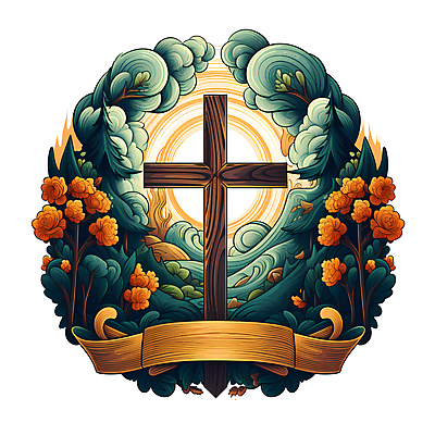 JPG 나무 꽃 리본 기독교 십자가 일러스트 사람없음 카피스페이스 국내일러스트 AI일러스트 AI콘텐츠 식물 종교 공백 파일형식