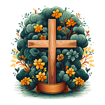 JPG 나무 꽃 리본 기독교 십자가 일러스트 사람없음 카피스페이스 국내일러스트 AI일러스트 AI콘텐츠 식물 종교 공백 파일형식