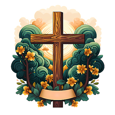 JPG 나무 꽃 리본 기독교 십자가 일러스트 사람없음 카피스페이스 국내일러스트 AI일러스트 AI콘텐츠 식물 종교 공백 파일형식