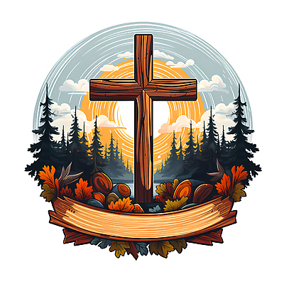 JPG 나무 구름 리본 기독교 십자가 잎 일러스트 사람없음 태양 카피스페이스 국내일러스트 AI일러스트 AI콘텐츠 자연요소 식물 종교 공백 파일형식