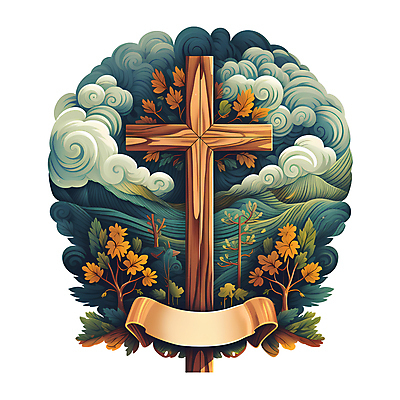 JPG 나무 구름 리본 기독교 십자가 잎 일러스트 초원 사람없음 카피스페이스 국내일러스트 AI일러스트 AI콘텐츠 자연요소 식물 종교 공백 파일형식