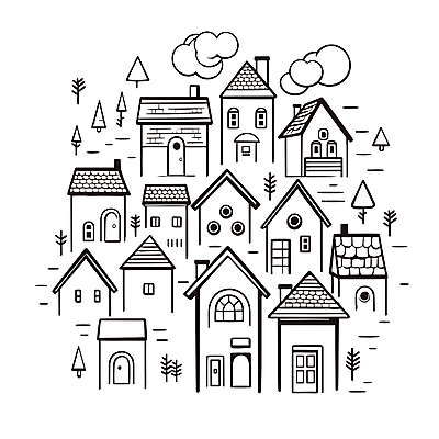 나무 구름 라인일러스트 일러스트 주택 사람없음 다양 심플 국내일러스트 AI파일 자연요소 식물 다수 건물 파일형식 벡터