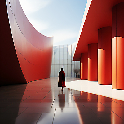 JPG 전신 편집이미지 여자 건축 한명 성인 건물 빨간색 반사 공간 디지털합성 스페이스 성인여자한명만 편집실사 AI인물포토 AI콘텐츠 도형 1 건축물 컬러 사람 CG 여자한명만 성인여자만 파일형식 AI포토
