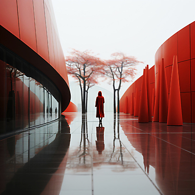 JPG 전신 나무 편집이미지 여자 건축 한명 성인 건물 빨간색 반사 공간 디지털합성 스페이스 성인여자한명만 편집실사 AI인물포토 AI콘텐츠 도형 식물 1 건축물 컬러 사람 CG 여자한명만 성인여자만 파일형식 AI포토