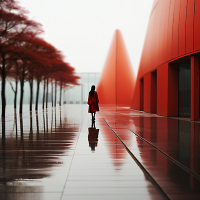 JPG 전신 나무 편집이미지 여자 건축 한명 성인 건물 빨간색 반사 공간 디지털합성 스페이스 성인여자한명만 편집실사 AI인물포토 AI콘텐츠 도형 식물 1 건축물 컬러 사람 CG 여자한명만 성인여자만 파일형식 AI포토