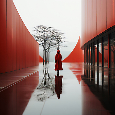 JPG 전신 나무 편집이미지 여자 건축 한명 성인 건물 빨간색 반사 공간 디지털합성 스페이스 성인여자한명만 편집실사 AI인물포토 AI콘텐츠 도형 식물 1 건축물 컬러 사람 CG 여자한명만 성인여자만 파일형식 AI포토