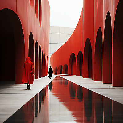 JPG 전신 편집이미지 여자 건축 성인 두명 건물 빨간색 반사 공간 디지털합성 스페이스 성인여자만 편집실사 AI인물포토 AI콘텐츠 도형 건축물 컬러 사람 CG 여자만 성인만 파일형식 AI포토