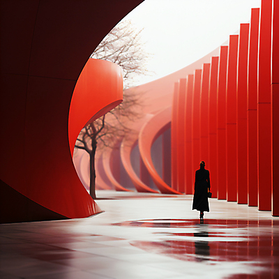 JPG 전신 나무 편집이미지 여자 건축 한명 성인 건물 빨간색 반사 공간 디지털합성 스페이스 성인여자한명만 편집실사 AI인물포토 AI콘텐츠 도형 식물 1 건축물 컬러 사람 CG 여자한명만 성인여자만 파일형식 AI포토