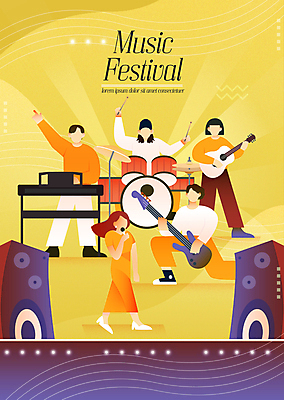 전신 여자 남자 음악 연주 일러스트 노래 서기 들기 손짓 여러명 성인 노란색 스피커 콘서트 무대 가을 기타 밴드 마이크 드럼 음악회 합주 베이스 신디사이저 음악축제 성인만 국내일러스트 AI파일 계절 컬러 음향기기 다수 모션 현악기 문화예술 타악기 사람 축제 공연 건반악기 파일형식 벡터