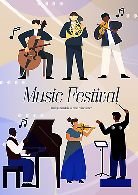 전신 여자 남자 음악 연주 음표 일러스트 서기 들기 앉기 여러명 성인 가을 악단 보면대 바이올린 지휘봉 그랜드피아노 지휘자 음악회 합주 호른 오케스트라 비올라 음악축제 콘트라베이스 성인만 국내일러스트 AI파일 기호 계절 다수 모션 현악기 문화예술 사람 축제 공연 음악가 피아노 금관악기 파일형식 벡터 찰현악기