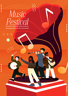 전신 여자 남자 음악 연주 음표 일러스트 노래 들기 여러명 성인 주황색 가수 가을 기타 북 마이크 축음기 음악회 클라리넷 합주 음악축제 성인만 국내일러스트 AI파일 기호 계절 컬러 음향기기 다수 모션 현악기 문화예술 타악기 사람 축제 공연 음악가 골동품 목관악기 파일형식 벡터