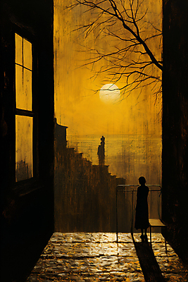 JPG 전신 나무 여자 실루엣 일러스트 창문 페인팅 한명 성인 건물 울타리 노란색 황혼 일몰 빈티지 골목길 디지털합성 그런지 성인여자한명만 국내일러스트 AI일러스트 AI콘텐츠 식물 1 건축물 길 컬러 컨셉 촬영기법 사람 담장 노을 여자한명만 성인여자만 파일형식