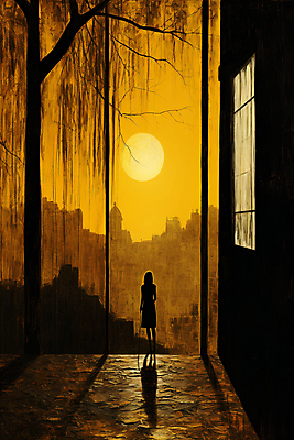 JPG 전신 나무 여자 실루엣 일러스트 창문 페인팅 그림자 한명 성인 건물 태양 노란색 황혼 일몰 빈티지 골목길 디지털합성 그런지 성인여자한명만 국내일러스트 AI일러스트 AI콘텐츠 자연요소 식물 1 건축물 길 컬러 컨셉 촬영기법 사람 노을 여자한명만 성인여자만 파일형식