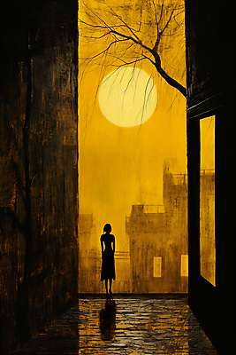 JPG 전신 나무 여자 실루엣 일러스트 페인팅 그림자 한명 성인 건물 태양 노란색 마을 황혼 일몰 빈티지 골목길 디지털합성 그런지 성인여자한명만 국내일러스트 AI일러스트 AI콘텐츠 자연요소 식물 1 건축물 길 컬러 컨셉 촬영기법 사람 노을 여자한명만 성인여자만 파일형식