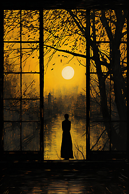 JPG 전신 나무 여자 실루엣 일러스트 창문 페인팅 거리 건물안 한명 성인 태양 노란색 황혼 일몰 빈티지 디지털합성 그런지 성인여자한명만 국내일러스트 AI일러스트 AI콘텐츠 자연요소 식물 1 컬러 컨셉 촬영기법 실내 사람 노을 여자한명만 성인여자만 파일형식