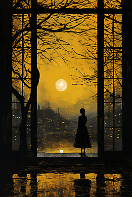 JPG 전신 나무 여자 실루엣 일러스트 페인팅 거리 건물안 한명 성인 태양 노란색 마을 황혼 일몰 빈티지 디지털합성 그런지 성인여자한명만 국내일러스트 AI일러스트 AI콘텐츠 자연요소 식물 1 컬러 컨셉 촬영기법 실내 사람 노을 여자한명만 성인여자만 파일형식